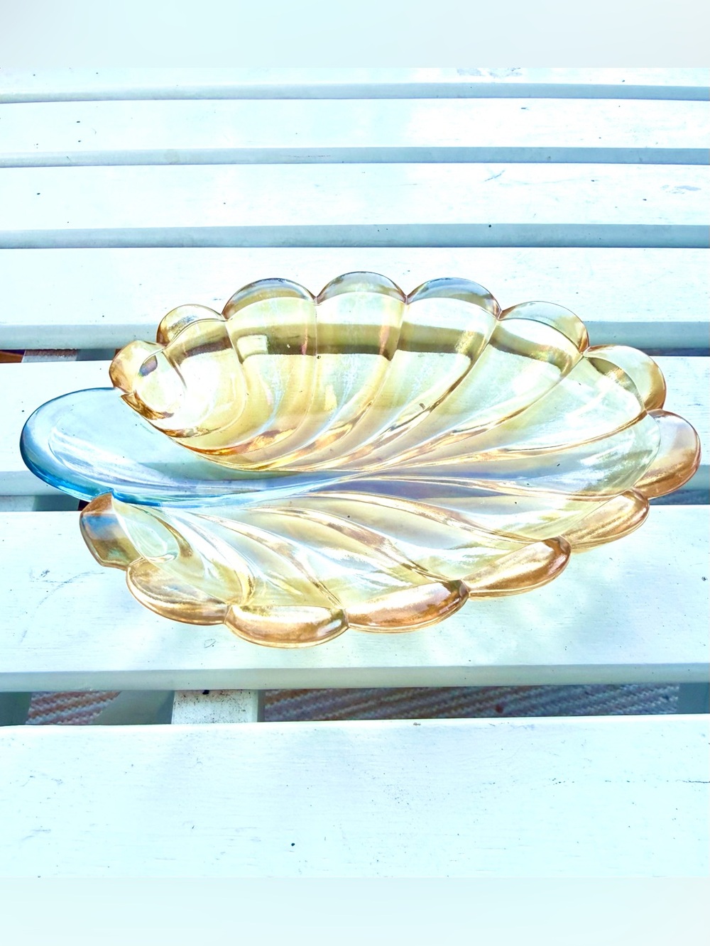 Vtg Bagley & Co. England Glass Dish 1930s Leaf Pressed Gold Depression